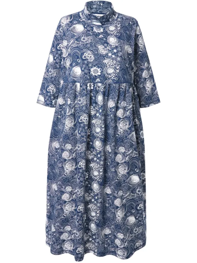 Ulla Popken Dames - Jersey maxi-jurk opstaande kraag 3/4-mouwen zakken - Marineblauw - Maat 46+