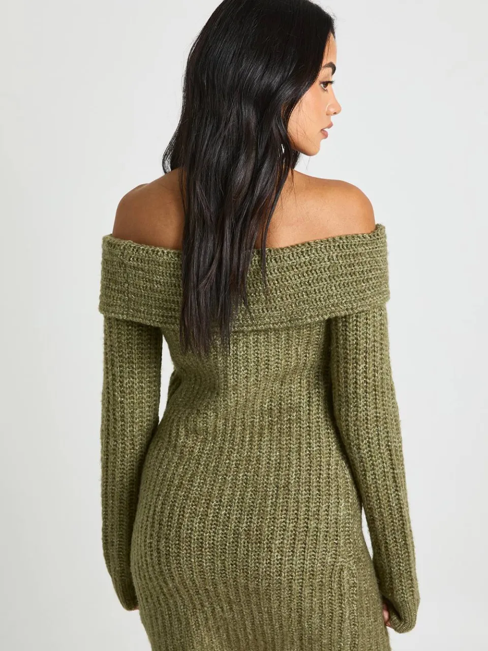 boohoo Dames Chunky Knit Bardot Mini Jurk kaki, foto 2