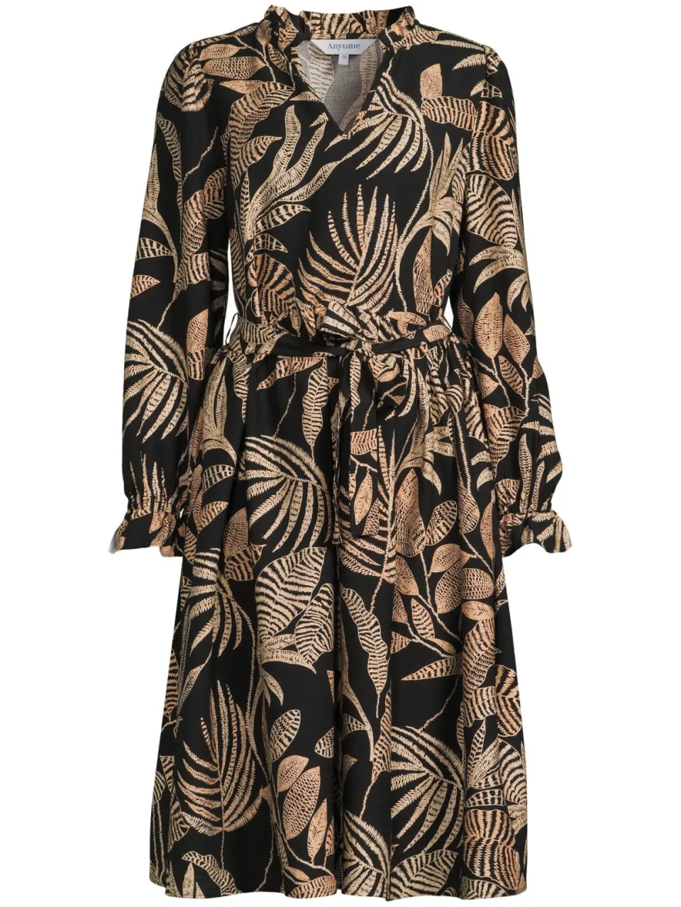 Anytime midi jurk met ruches en bladprint zwart/beige, foto 2
