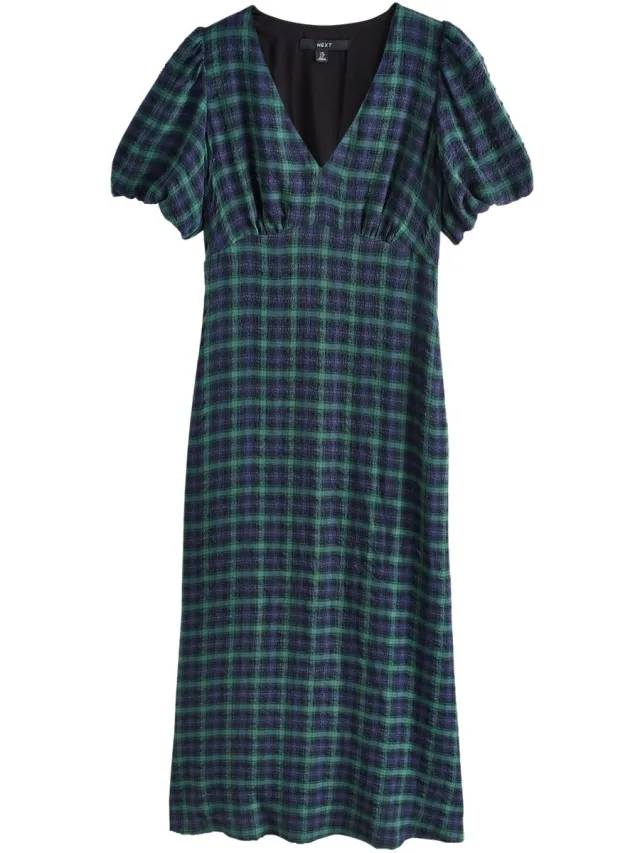 Next Dames - Midi-jurk met pofmouwen en V-hals - Blauw Green/Navy Check