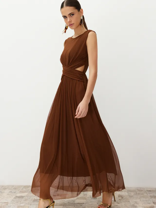 Trendyol TRENDYOLMİLLA Dames Bruin Bloemen Maxi Mouwloos Stijlvol/Avond Skater Jurken, foto 2