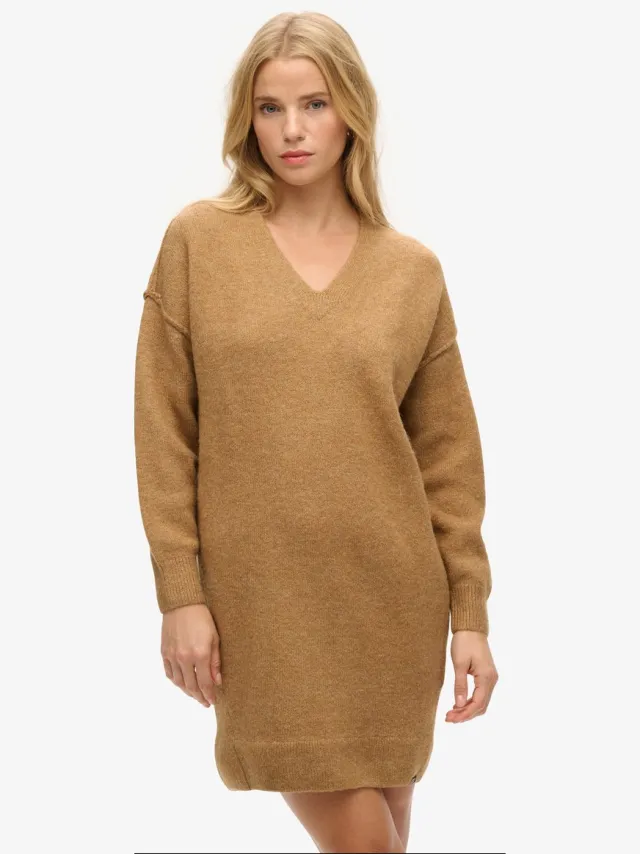 Superdry Gebreide jurk met V-hals - Dames - Jurken Corps Beige Marl