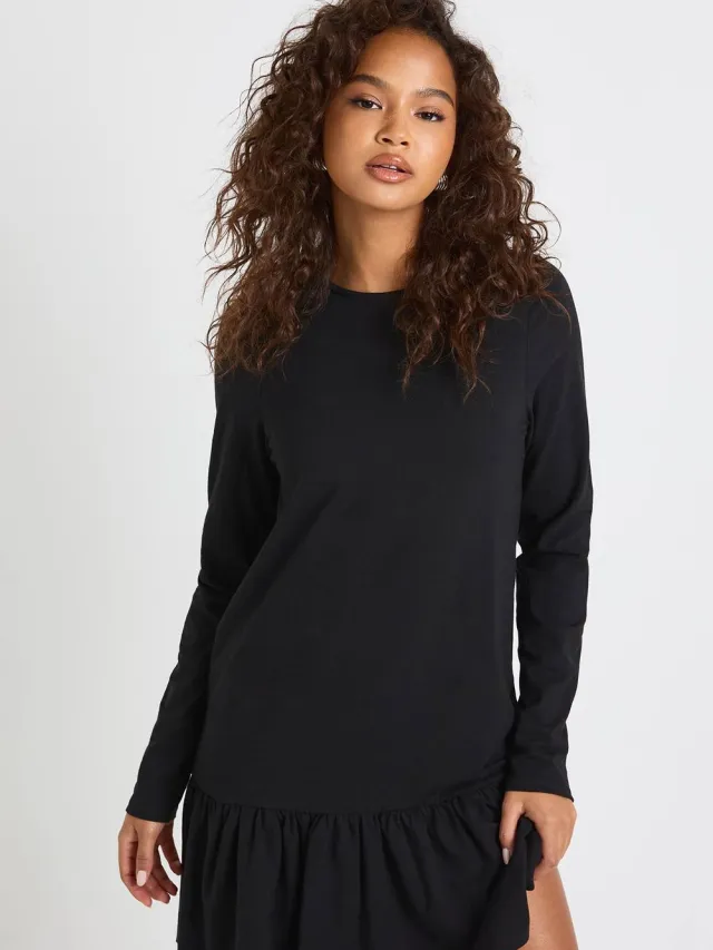boohoo Dames Lange Mouwen Drop Zoom Smock Jurk Zwart