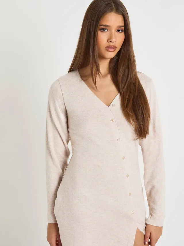 boohoo Dames Mini jurk met knoopsluiting en asymmetrische snit Havermout