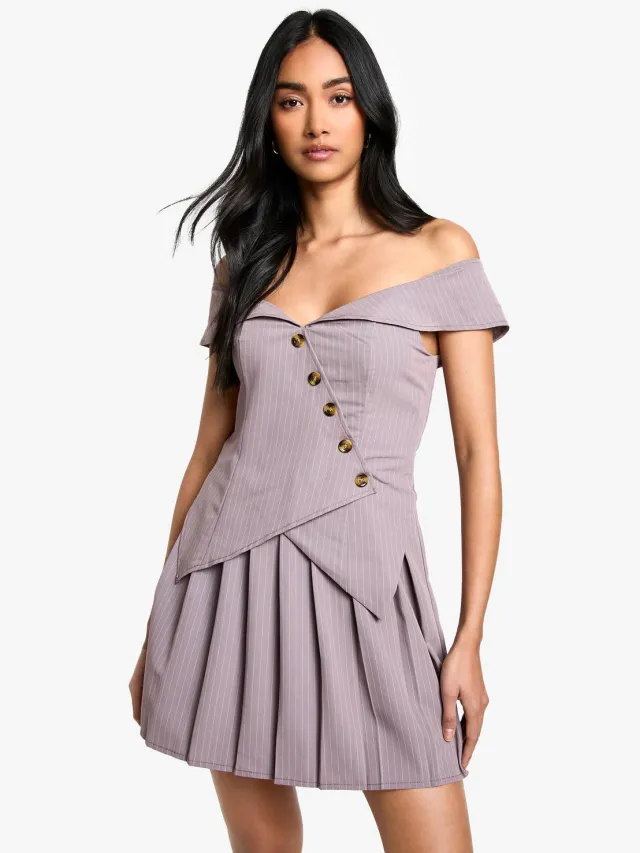 boohoo Dames Pinstripe Bardot Plisse Mini Jurk Taupe