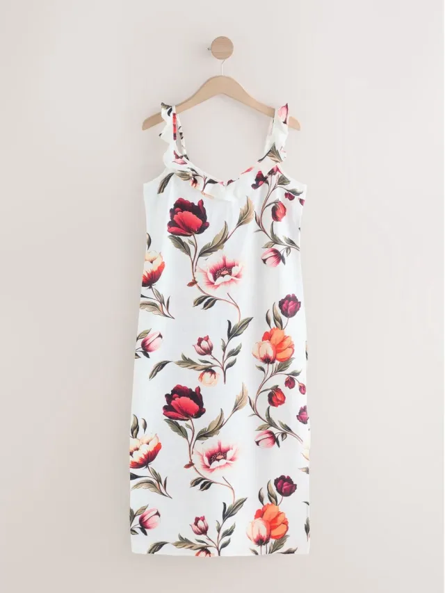 Next Dames - Zomerse petite midi-slipdress met ruches - Petite - Crème Cream/Red Floral