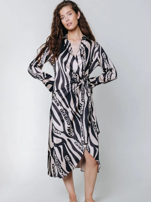 Colourful Rebel Lea Zebra Wrap Midi Dress Sand