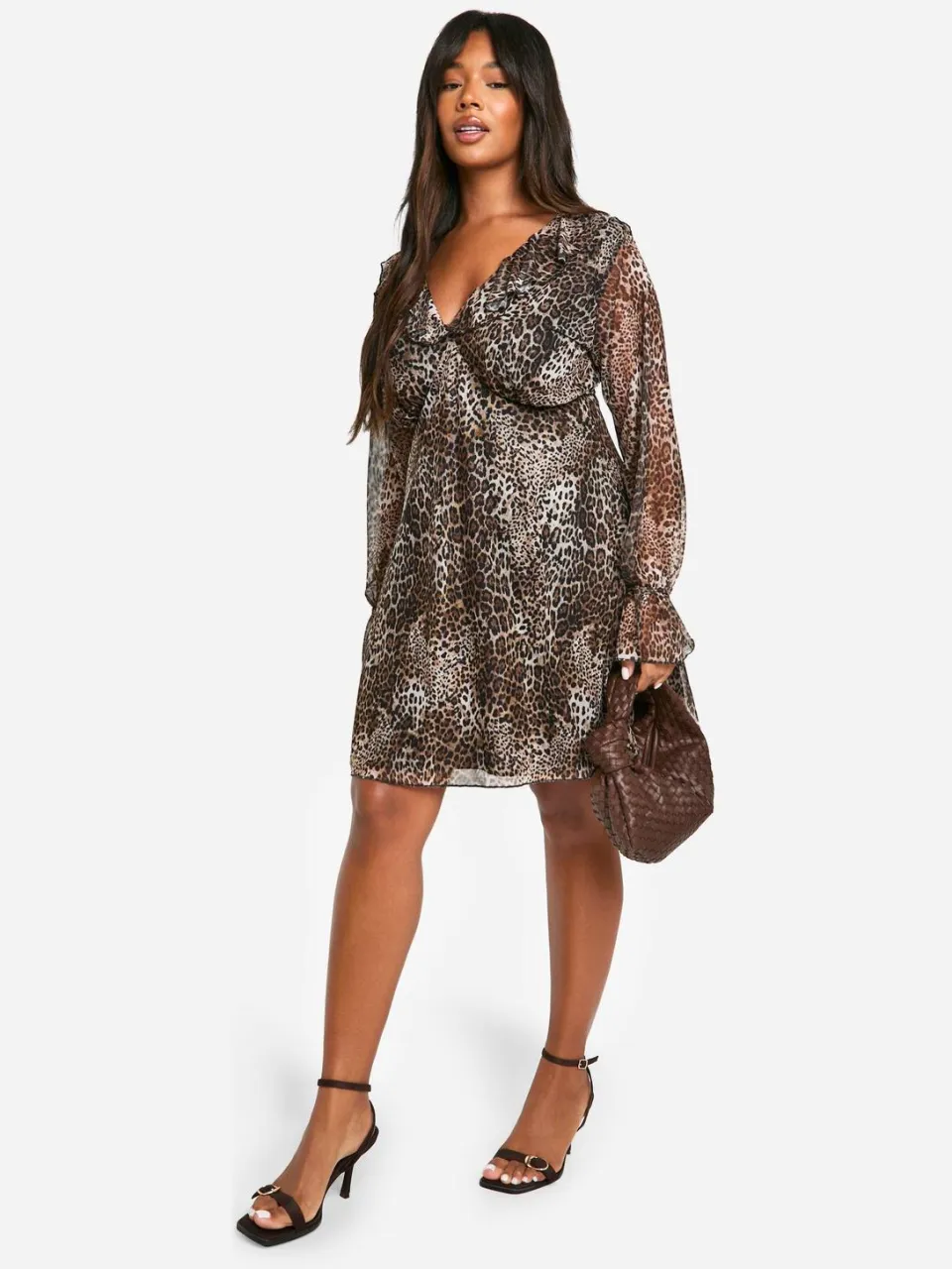 boohoo Dames Plusmaat Luipaard Ruffle Smock Jurk luipaardprint, foto 2