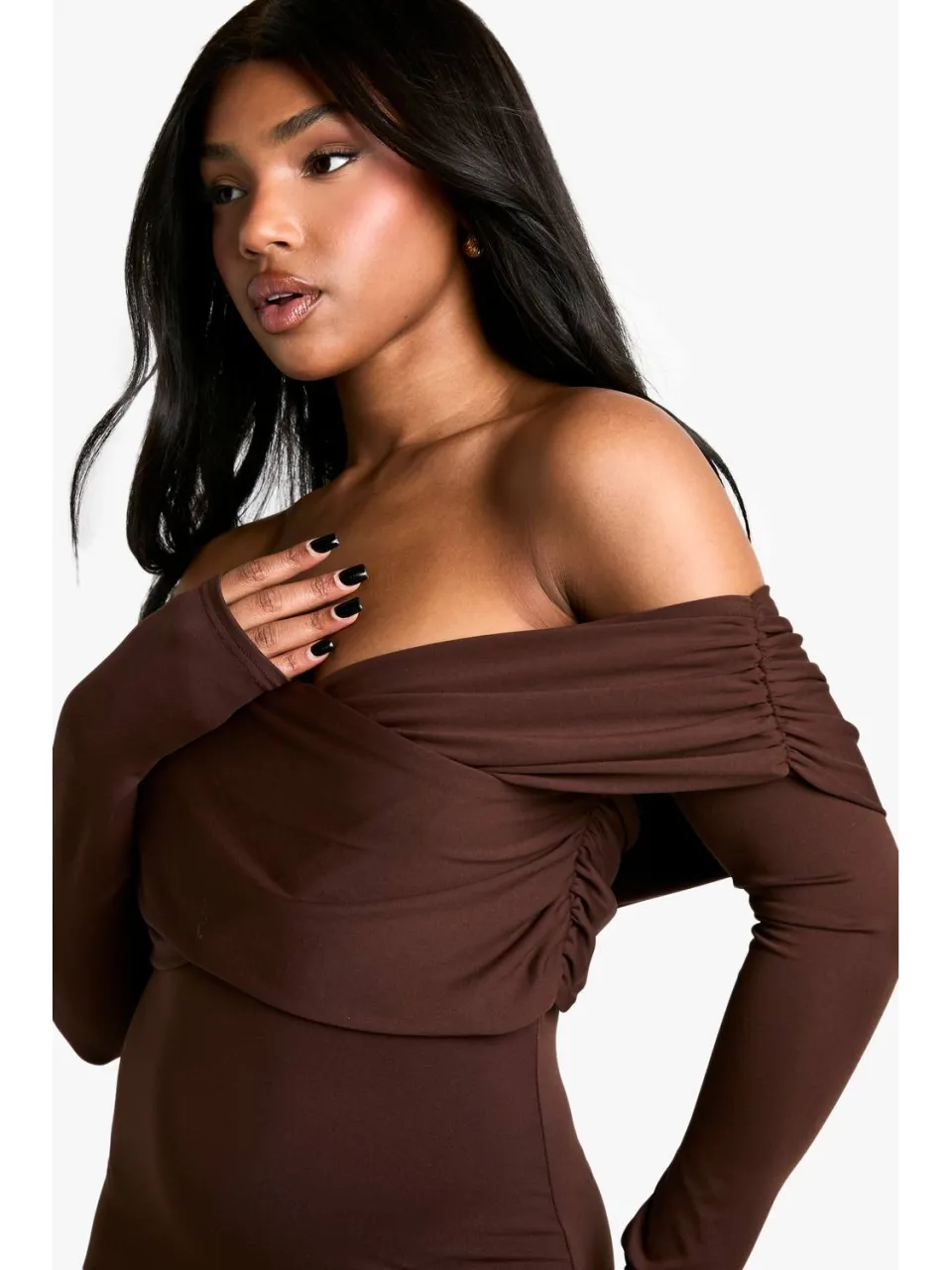 boohoo Dames Soft Touch Twist Bardot Maxi Jurk chocoladebruin, foto 2
