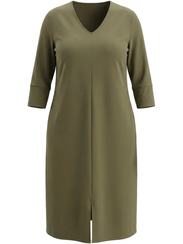 Ulla Popken Dames - Midi-jurk siernaad V-hals 3/4-mouwen zakken - Donkerkaki - Maat 42+