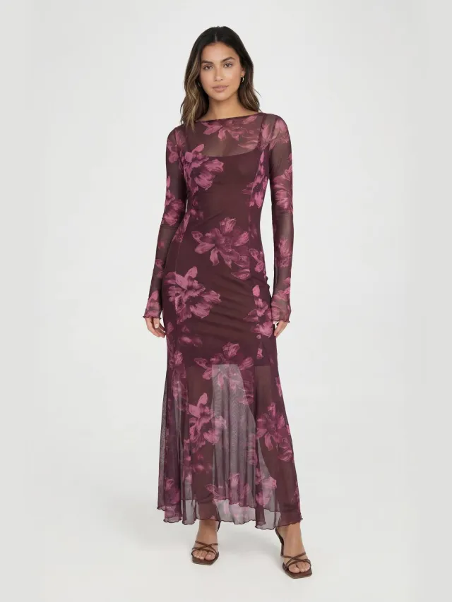 boohoo Dames Lange Jurk Met Slash-hals, Bloemenprint En Godet Zoom In Midaxi-lengte Bordeaux Rood