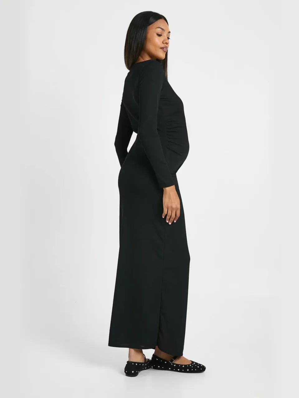 boohoo Dames Zwangerschaps maxi-jurk met geribbeld scoop-hals zwart, foto 2