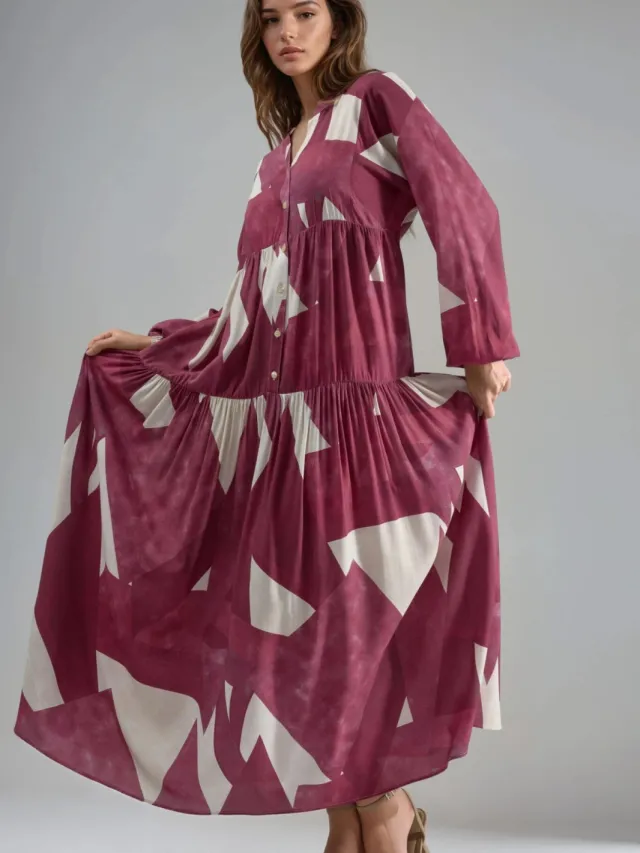 Hiccup Geprinte Lange Mouw Viscose Maxi Jurk Rood