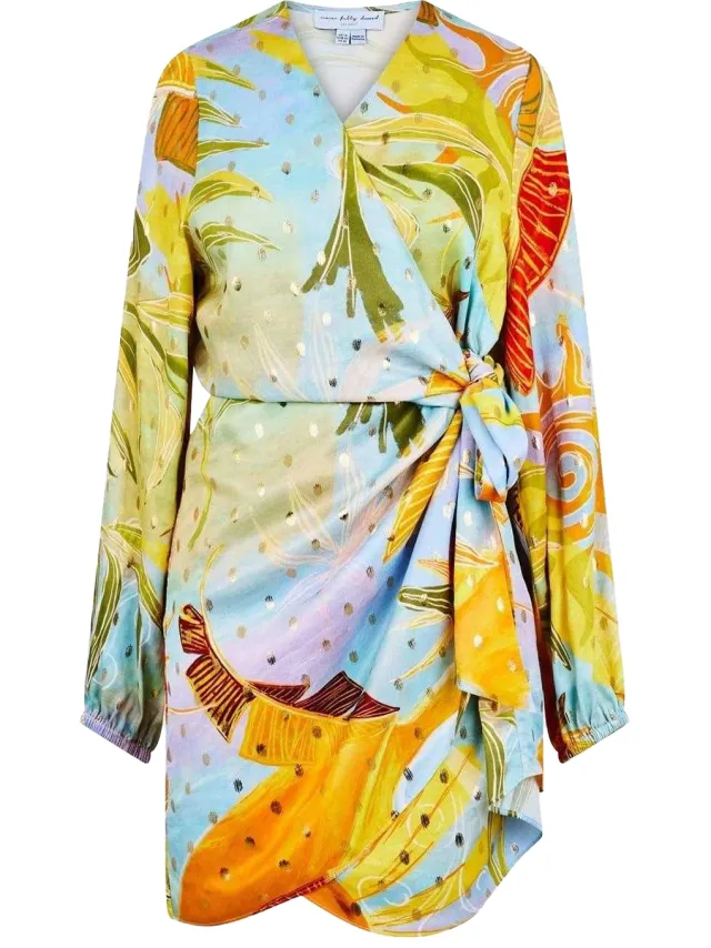 Never Fully Dressed Wrapjurk met bloemenprint, V-hals en lange mouwen voor dames (Blauw/Geel)