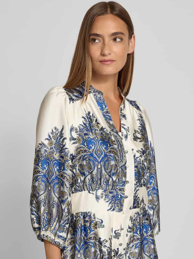 Neo Noir Maxi-jurk met pofmouwen, model 'STELLAR PAISLEY BORDER' blauw, foto 4