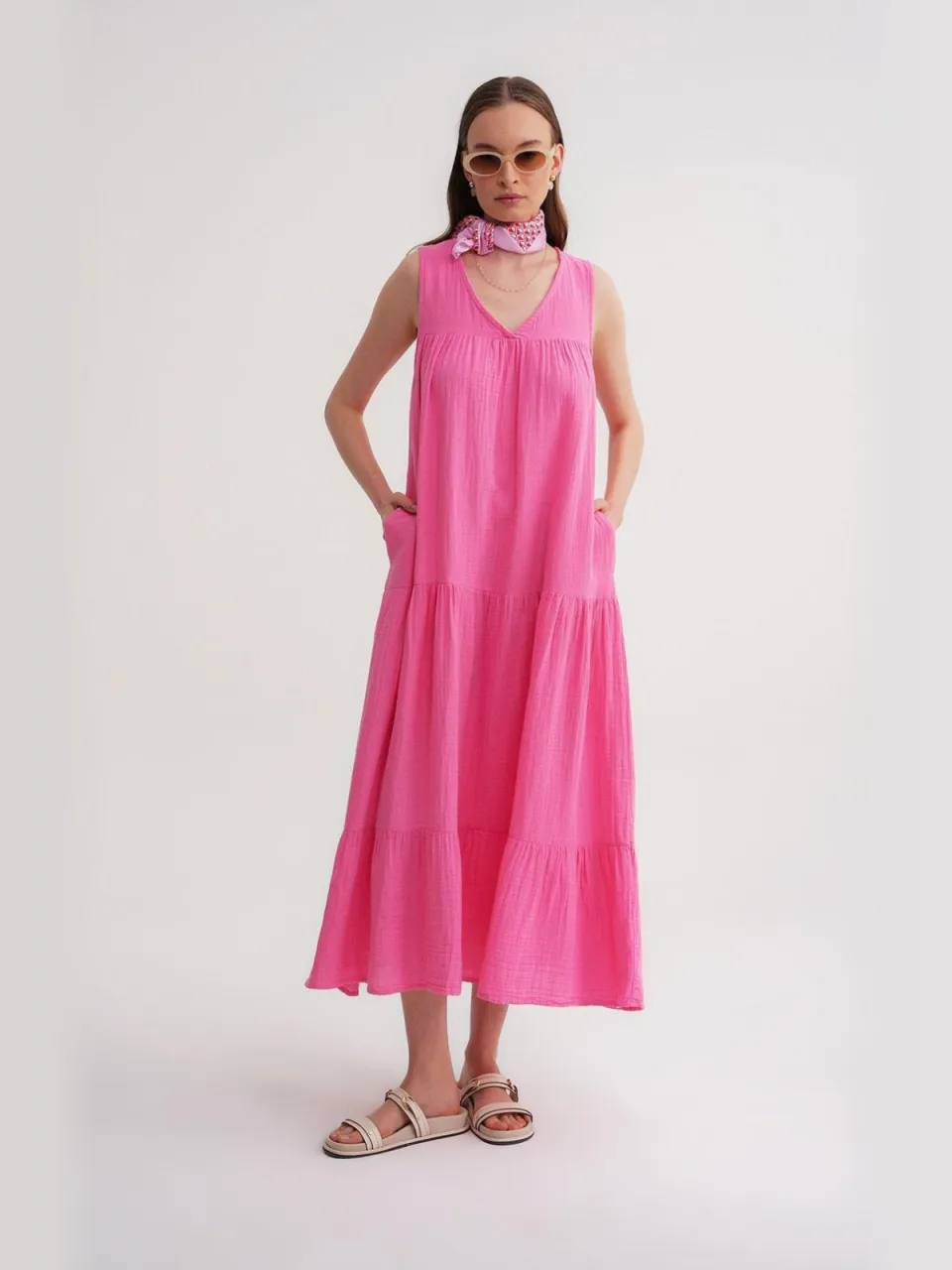 Mixray Mouwloze V-hals Muslin Midi-jurk met zakken roze, foto 2