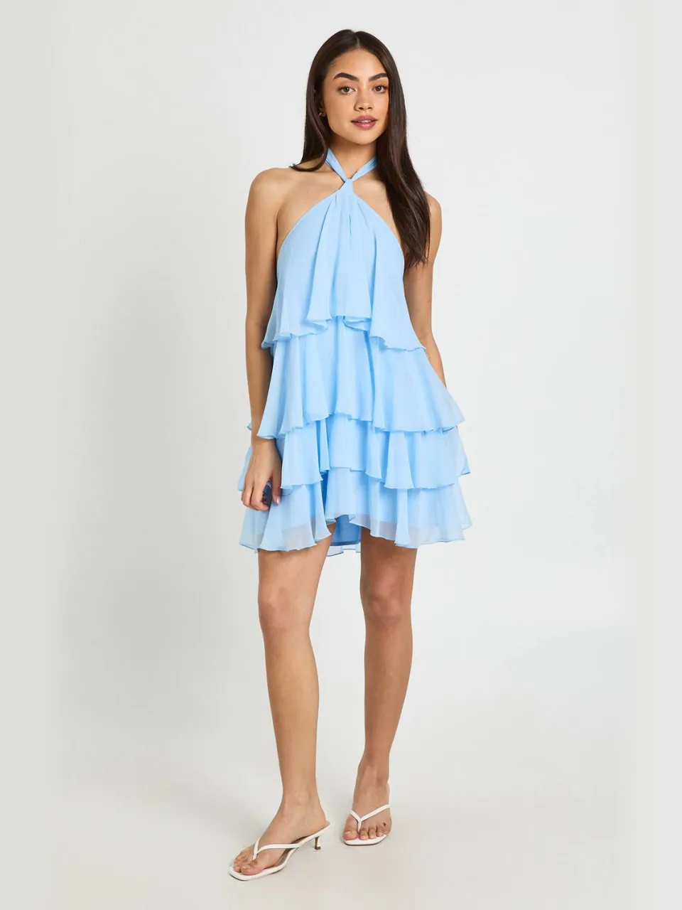 boohoo Dames Chiffon Gelaagde Halter Mini Jurk pastelblauw, foto 2