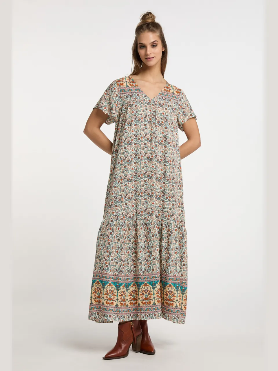 Usha Zomerjurkje met bloemenprint Dames Wol Wit Veelkleurig