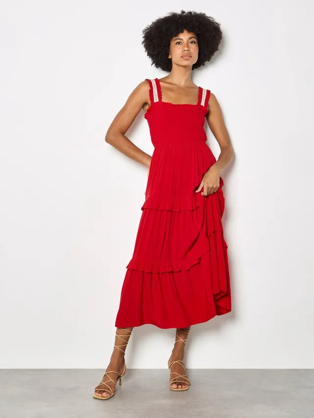 Apricot Midi-jurk met gelaagde kanten rand Rood