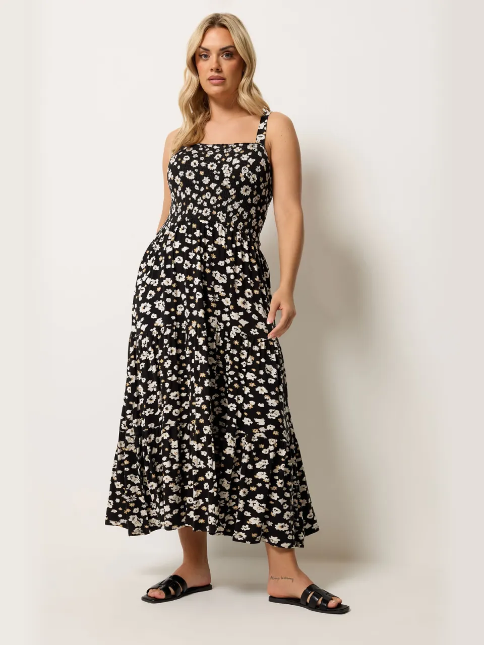 Yours Zwarte Midijurk Met Bloemenprint En Smockwerk-56 Black