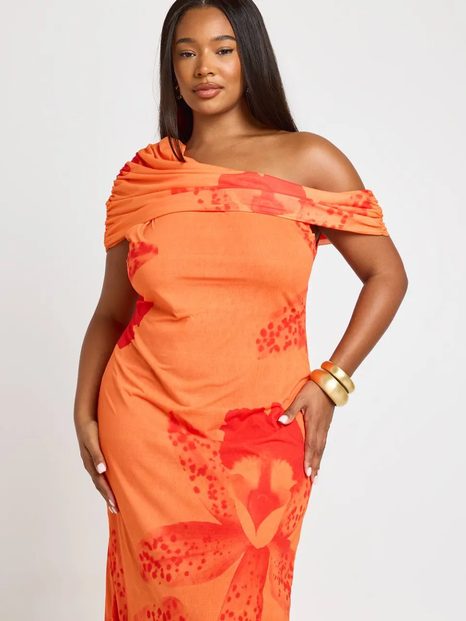 boohoo Dames Plus Bloemen Mesh Maxi Jurk oranje, foto 3