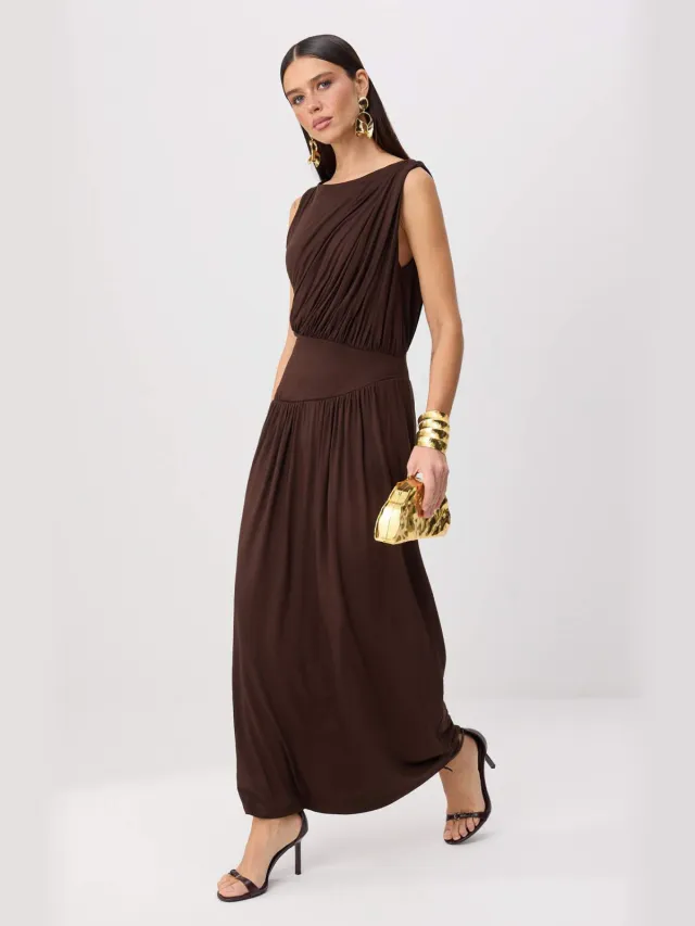 Trendyol TRENDYOLMİLLA Dames Bruin Effen Maxi Mouwloos Skater Avond & Gala Jurk