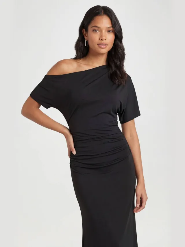 boohoo Dames Superzachte Maxi-jurk Met Verlaagde Schouder En Gerimpelde Taille zwart, foto 3