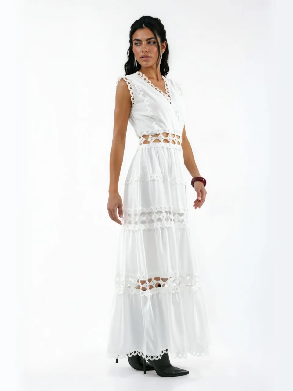 MSN Collection Mouwloze Kant V-Hals Maxi Jurk wit, foto 2
