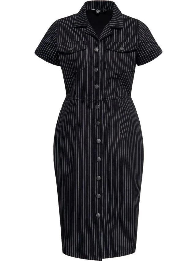 QUEEN KEROSIN damesjurk met krijtstreep in retrostijl, getailleerd model QKU46001 Black & White