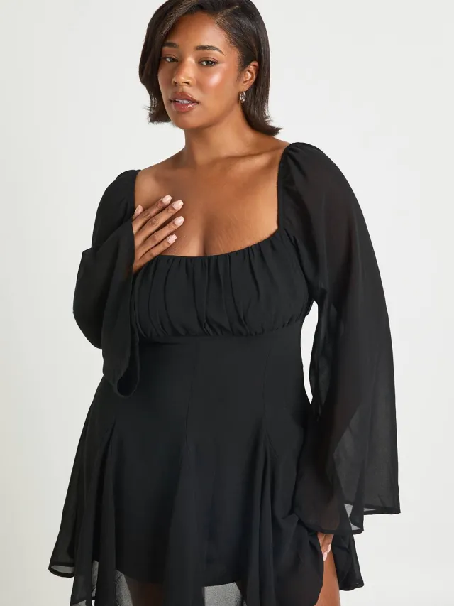 boohoo Dames Plus Chiffon Godet Skater zwart