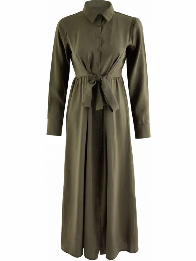 Trendyol Modest Dames Kaki Effen Maxi Lang Blousejurk Modest Jurken