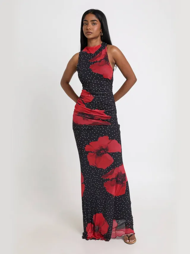 boohoo Dames Maxi Jurk Met Polkadot En Bloemenprint In Mesh Met Gekruiste Rugdetail Zwart