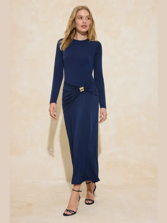 Trendyol Modest Dames Donkerblauw Effen Maxi Lang Casual A-lijn Modest Jurken Marineblauw/Blauw