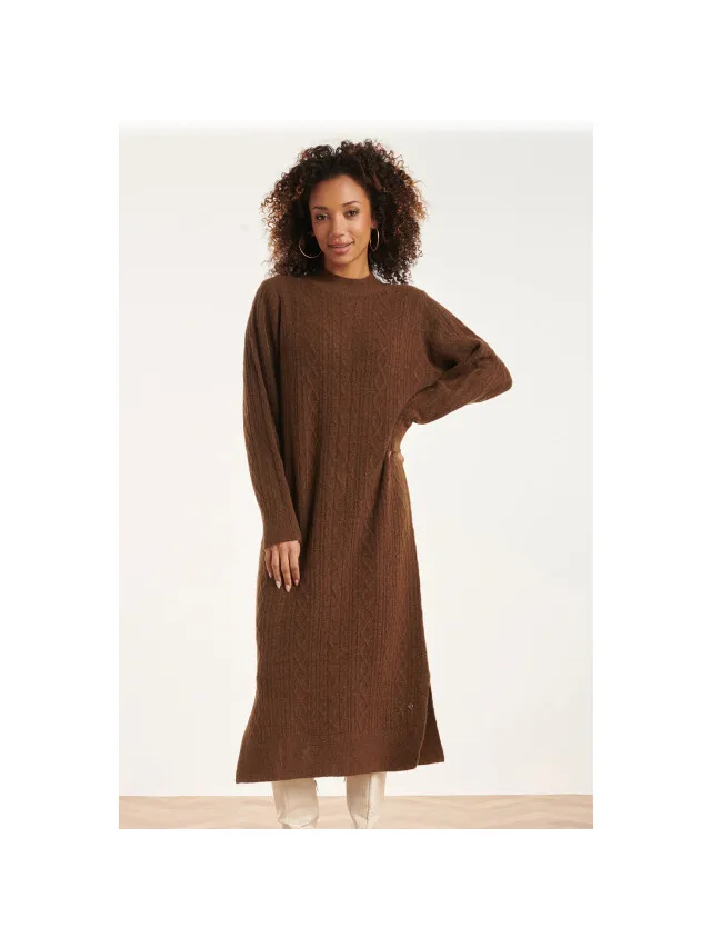 Smashed Lemon 24631 e gebreide midi jurk met kabelstructuur Bruin