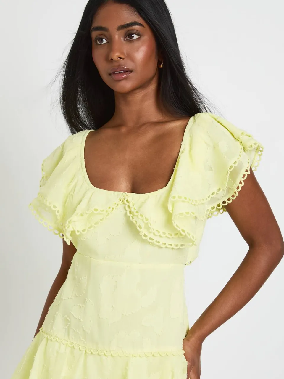 boohoo Dames Feestelijke Burnout Mini-jurk Met Open Rug En Ruche-details citroen, foto 4