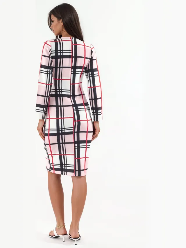 MSN Collection Ruitvormige Bodycon Midi Jurk met Cut-Out Detail Veelkleurig