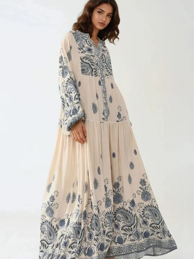 Hiccup Geprinte V-hals Maxi Jurk met Knopdetail marineblauw, foto 2