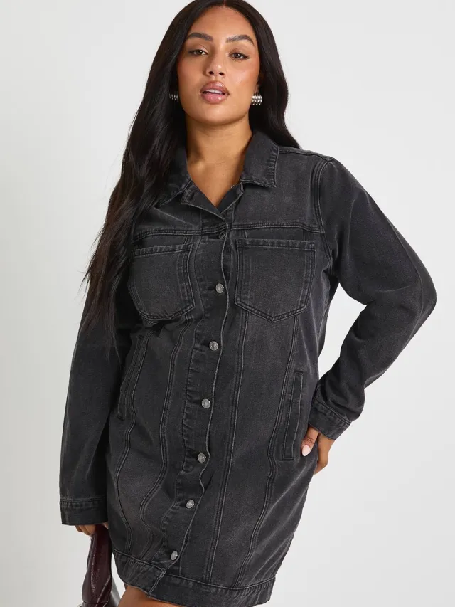boohoo Dames Plus Western Denim Mini Jurk Washed Black