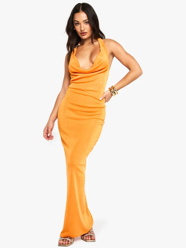 boohoo Dames Petite Beaded Cowl Slinky Maxi-jurk Oranje