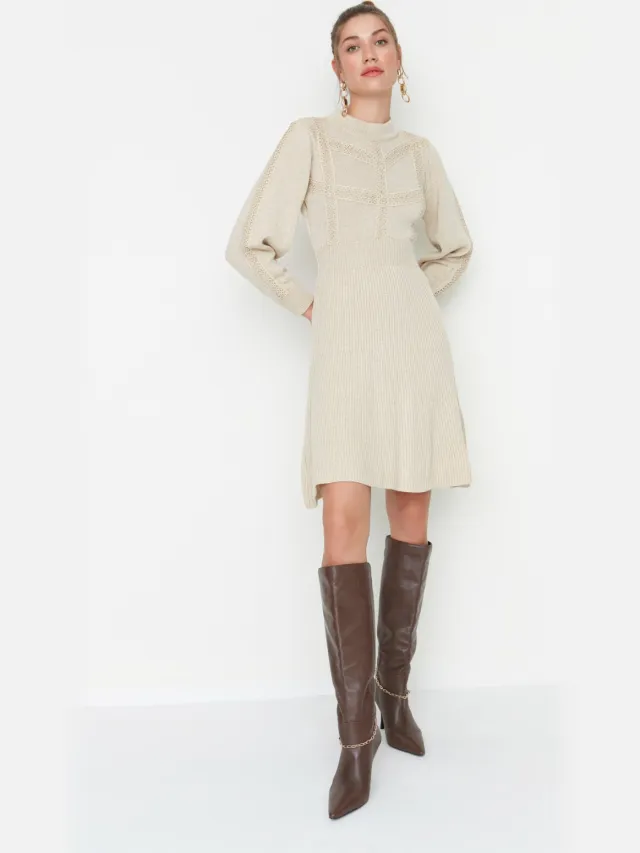 Trendyol Vrouwen Ronde hals A-lijn Jurk Beige