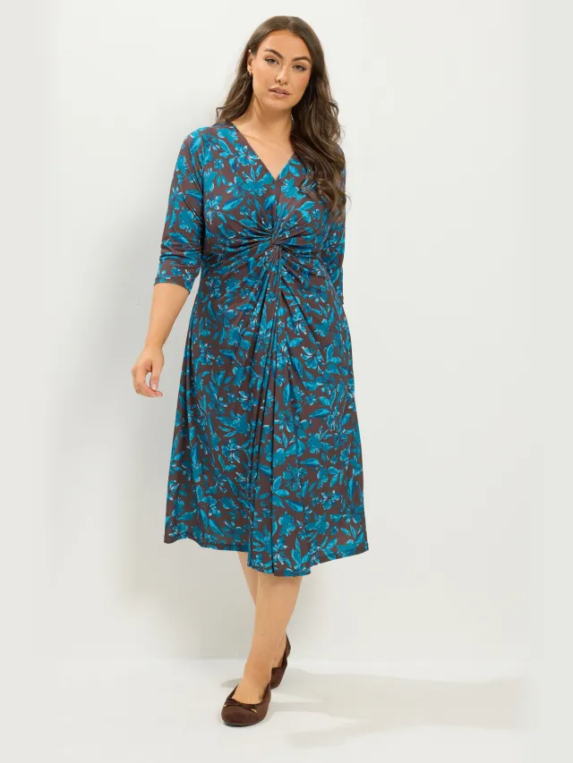 Yours Bruine Bloemenprint Jurk Met Twist Aan De Voorkant Brown