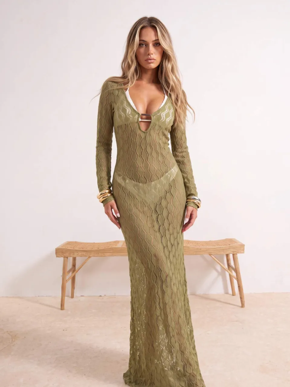 Trendyol TRENDYOLMİLLA Dames Kaki Grafisch Maxi Lang Strandkleding Bodycon Strandjurken