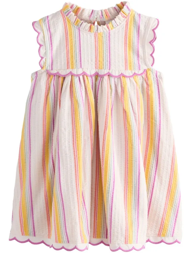 Next Meisjes - Mouwloze zomerjurk met geschulpte rand - Wit Rainbow Stripe