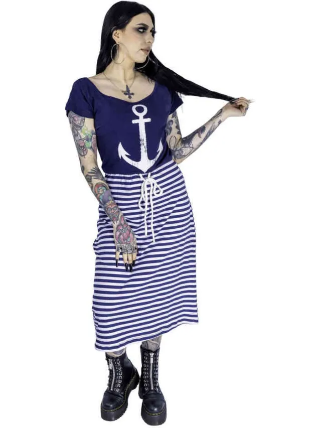 Rockabella BON VOYAGE Lange jurk - XXL - Blauw/Wit
