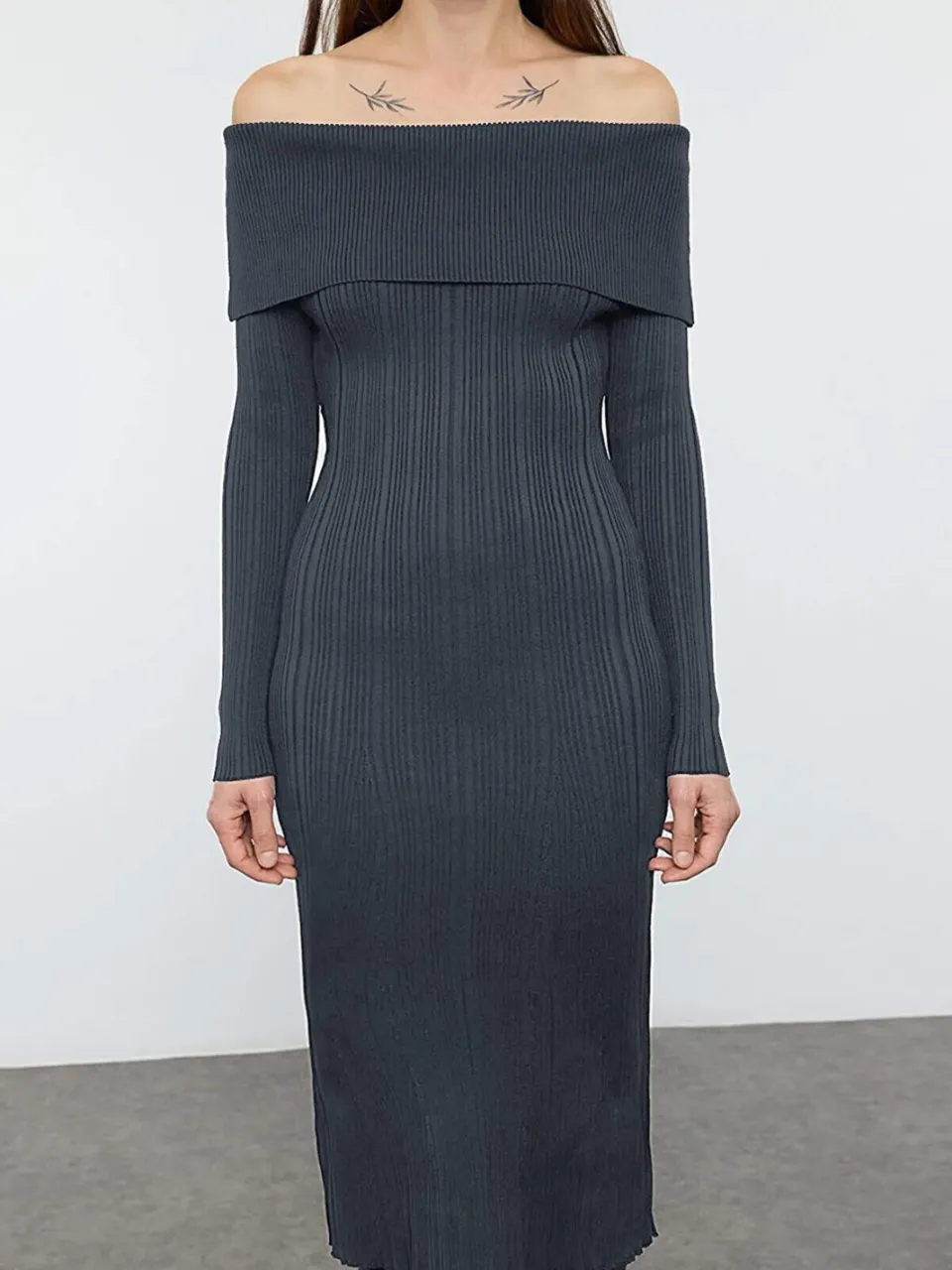 Trendyol TRENDYOLMİLLA Dames Grijs Effen Midi Lang Avond / Dagelijks Bodycon Jurken, foto 2