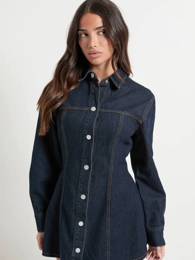 boohoo Dames Petite lange mouwen denimjurk met getailleerde taille Indigo