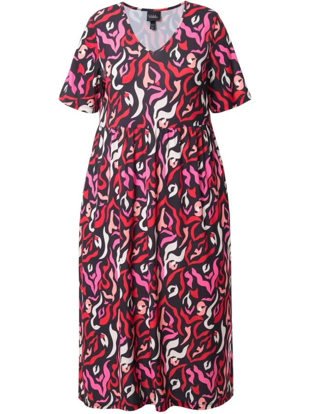 Ulla Popken Dames - Maxi-jurk A-lijn V-hals korte mouwen zakken - Zwart - Maat 62+
