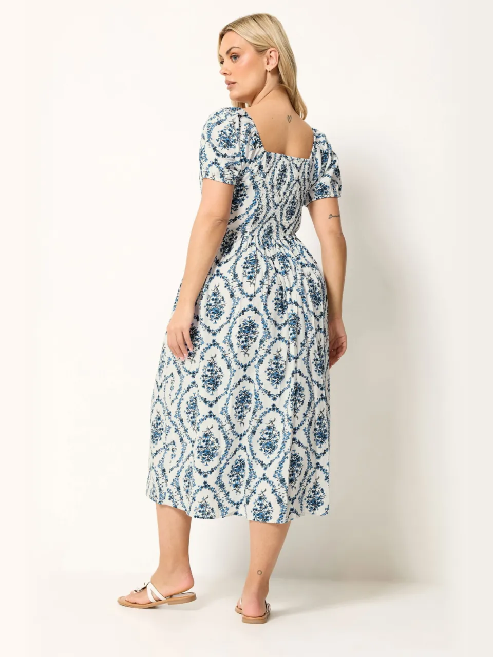 Yours Witte En Blauwe Midaxijurk Met Bloemenprint-64, foto 3