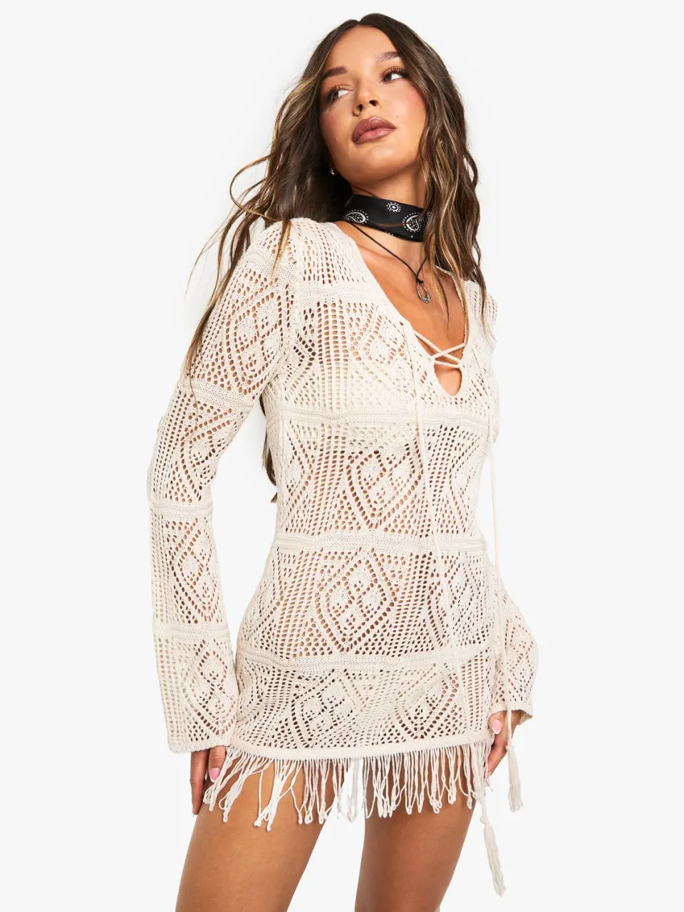boohoo Dames Tassel Gehaakte Strandtuniek steen, foto 5