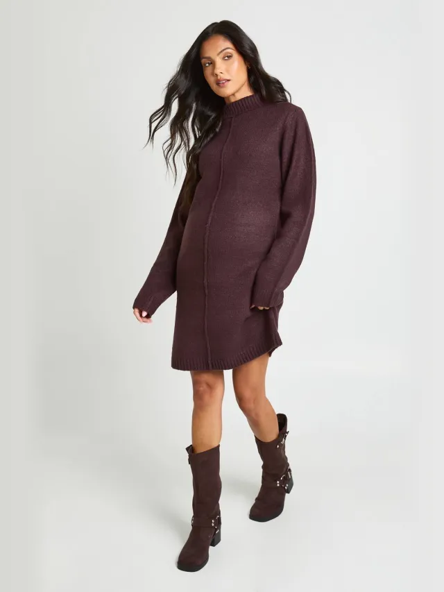 boohoo Dames Zwangerschaps Trui-jurk Met Hoge Kraag En Naaddetail In Gebreid Mini-model Chocoladebruin